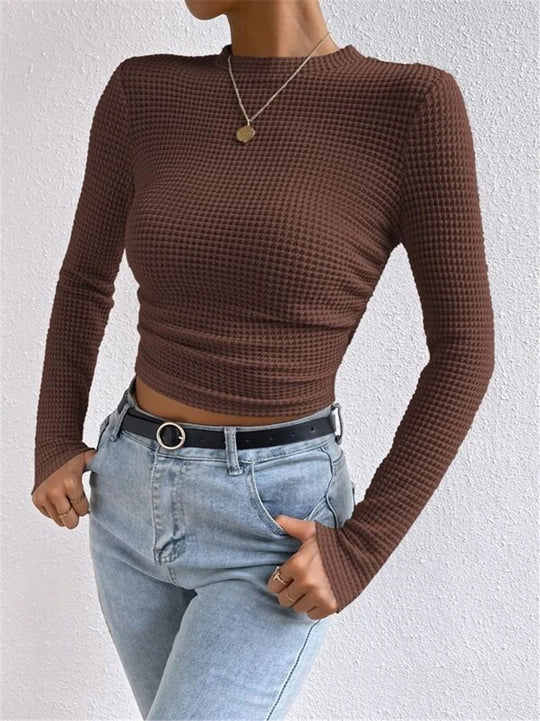 Damen modisches langärmliges Crop-Top mit Waffelstruktur EB