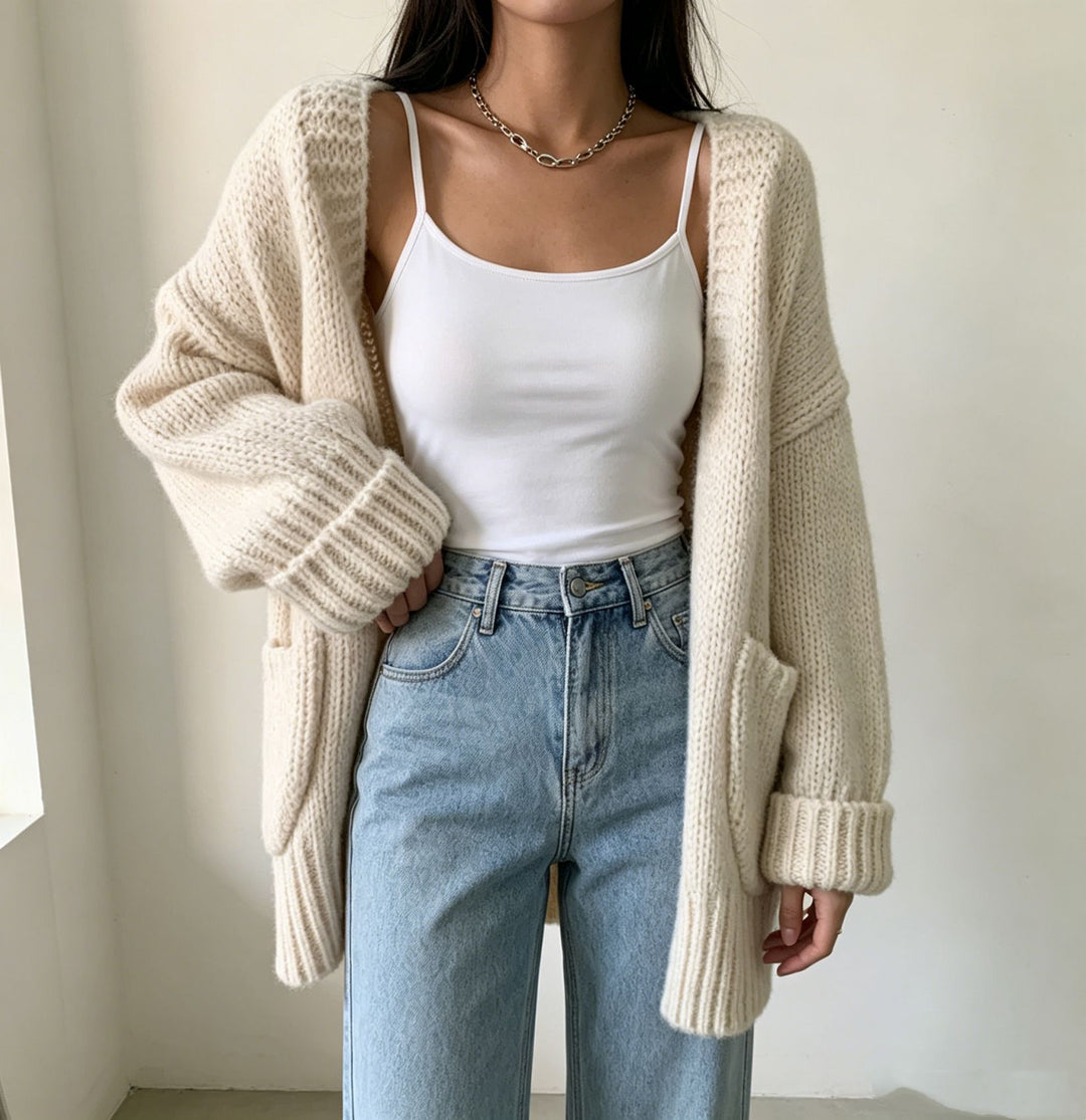 Damen Langer Offener Grobstrick-Cardigan mit aufgesetzten Taschen und gerippten Bündchen EB