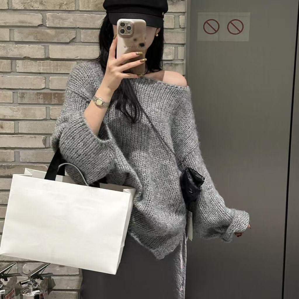 EB | Übergröße Pullover Grobstrick Off Shoulder Langarm Freizeitfit