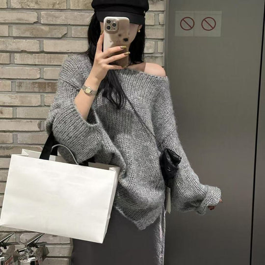 EB | Übergröße Pullover Grobstrick Off Shoulder Langarm Freizeitfit