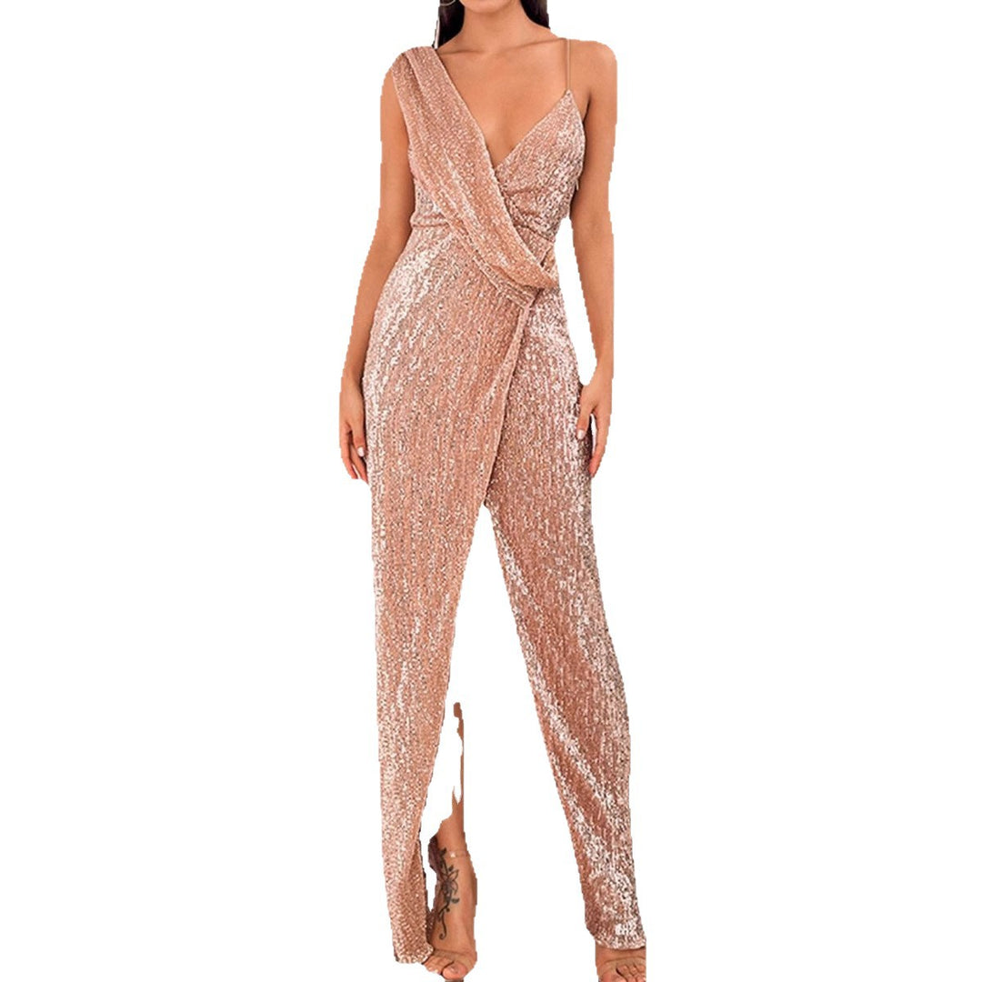 Damen glitzerndes Abendkleid mit Wickeloptik und hohem Schlitz EB