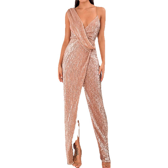 Damen glitzerndes Abendkleid mit Wickeloptik und hohem Schlitz EB