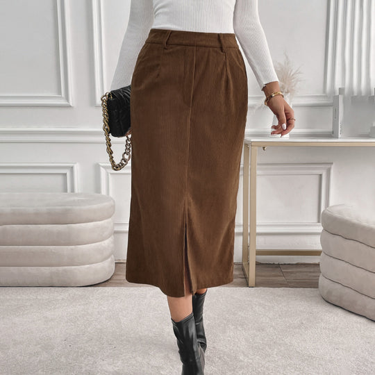 Damen Cord-Midirock mit hohem Bund, Eingrifftaschen und mittigem Schlitz EB