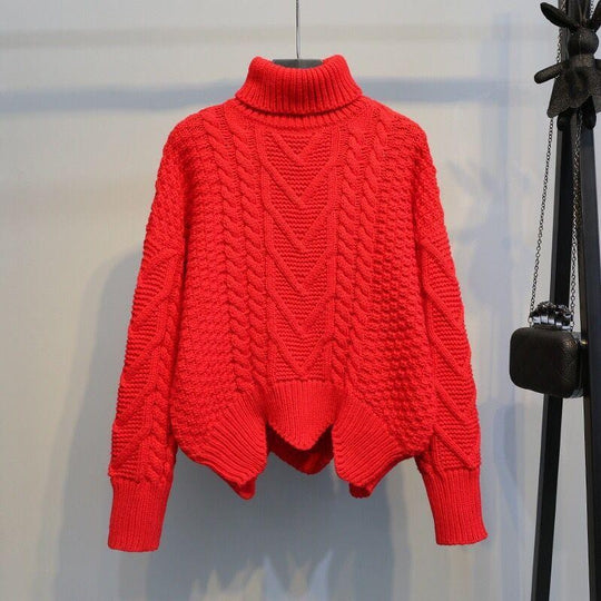 Damen Grobstrickpullover mit hochgeschlossenem Kragen und Zopfmuster EB