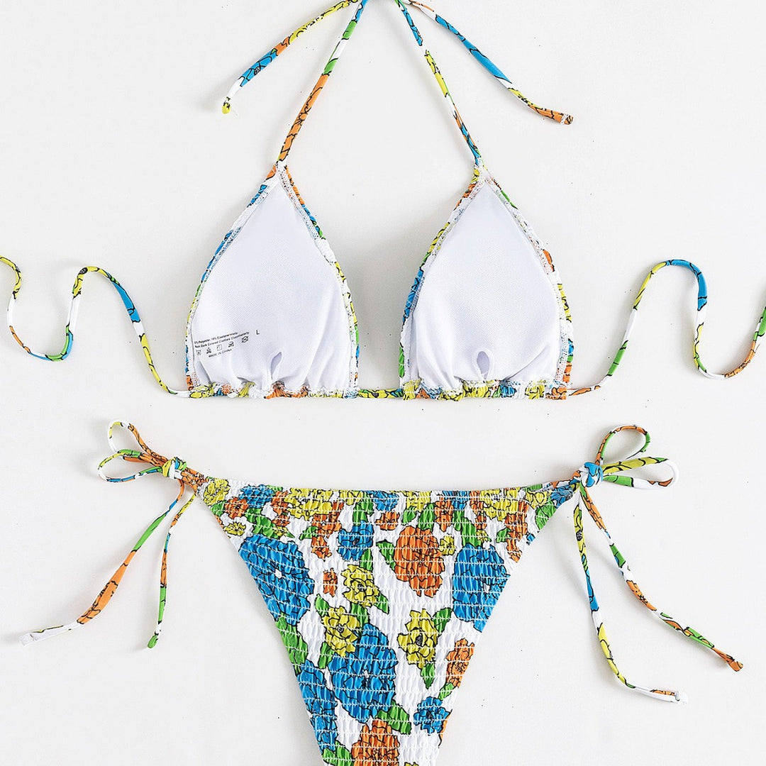 Damen Triangel-Bikini mit buntem Floral-Muster und elastischen Bindebändern EB