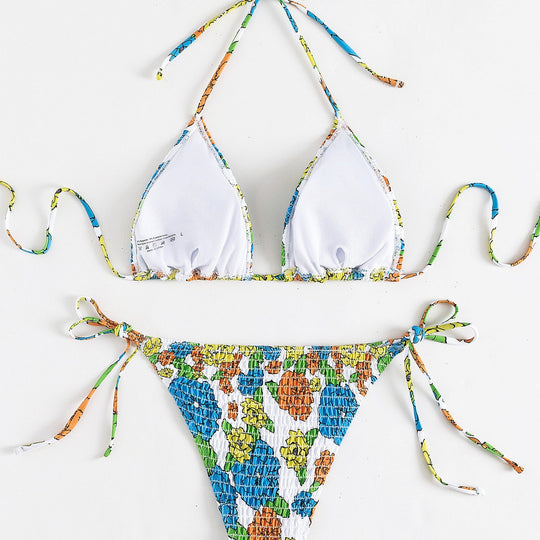 Damen Triangel-Bikini mit buntem Floral-Muster und elastischen Bindebändern EB