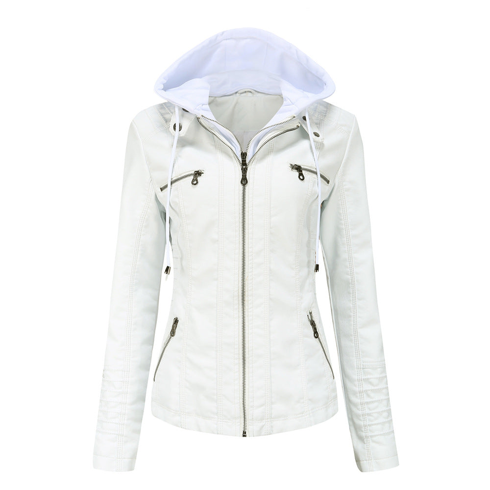 Damen nan taillierte Kunstlederjacke mit Kapuze, gesteppter Armblende und verdeckten Reißverschlusstaschen EB