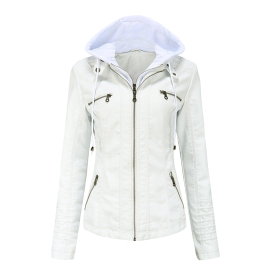Damen nan taillierte Kunstlederjacke mit Kapuze, gesteppter Armblende und verdeckten Reißverschlusstaschen EB