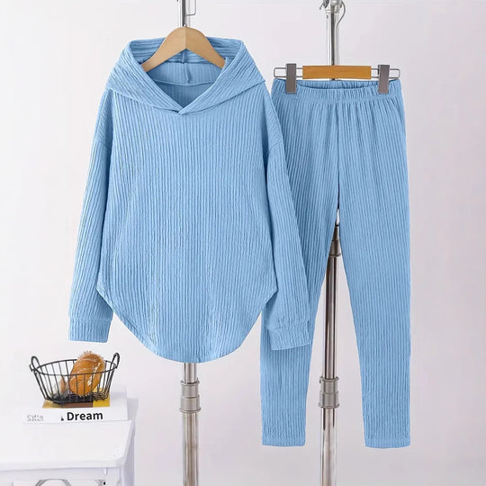 Damen lässiger Sweat-Pulli und -Hose Set mit strukturiertem Design EB