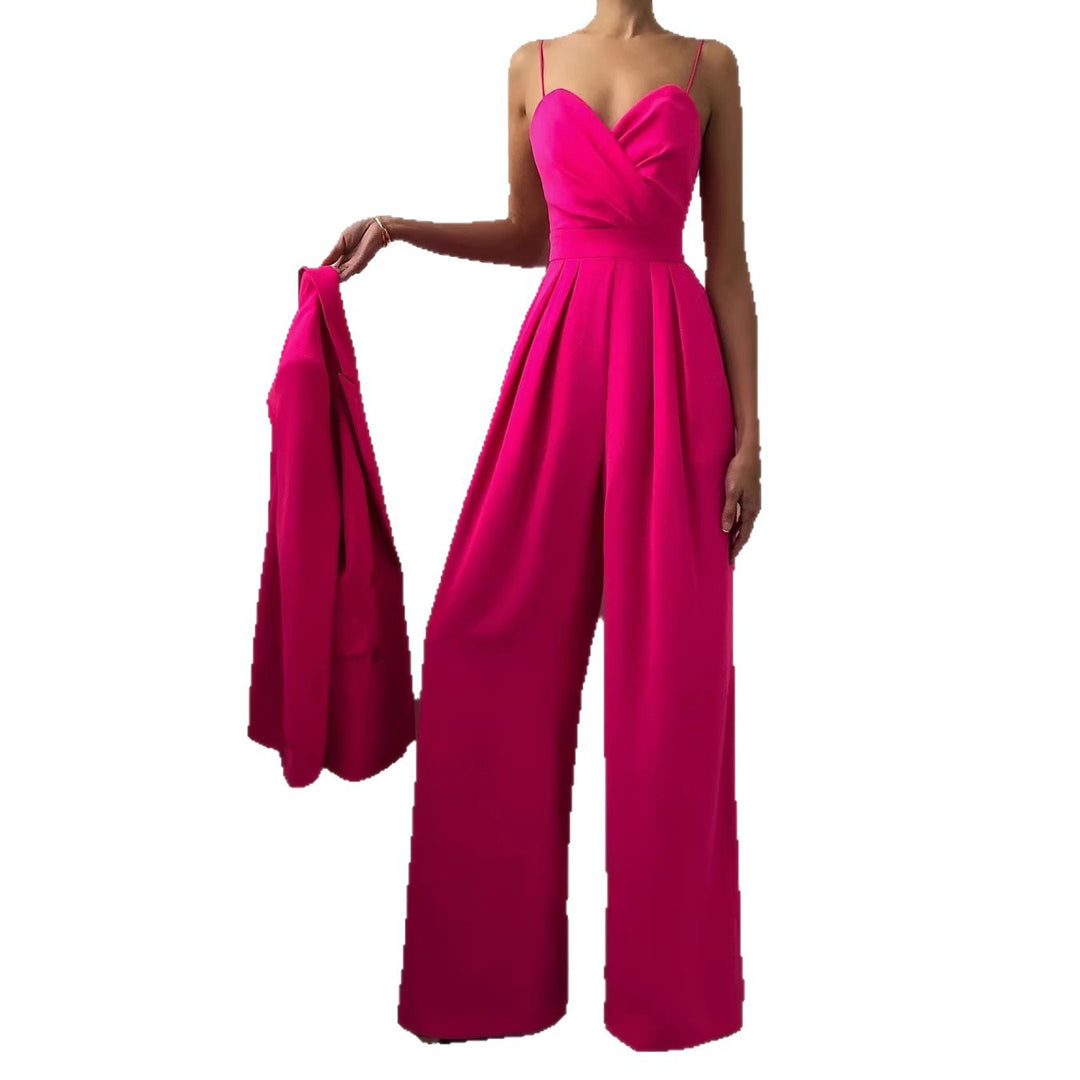 Damen eleganter Jumpsuit mit tiefem V-Ausschnitt und weiten Beinen EB