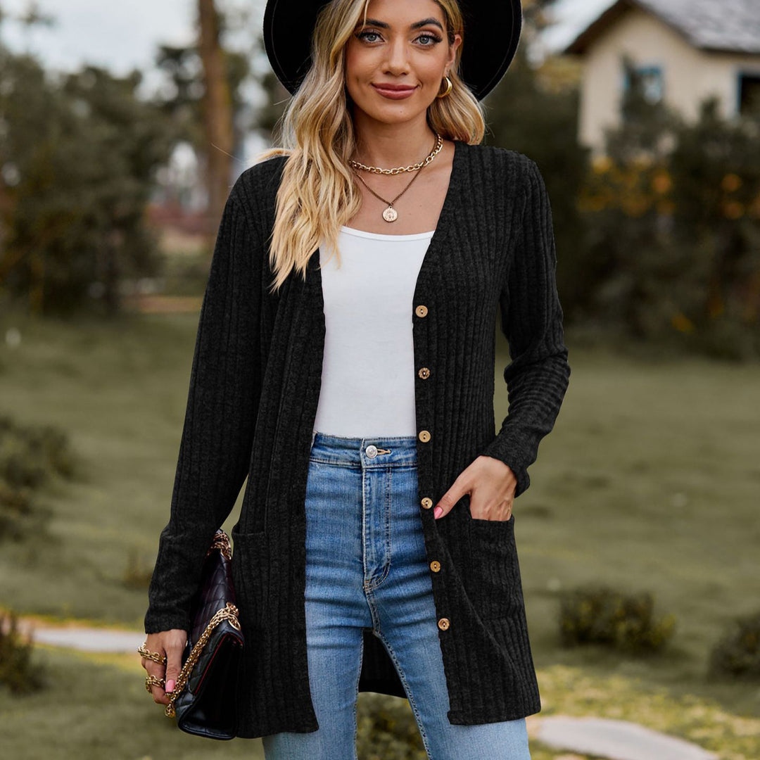 Damen kuschelige Strickjacke mit praktischen Taschen und modischem Rippdesign EB