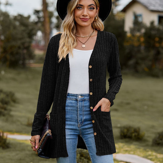 Damen kuschelige Strickjacke mit praktischen Taschen und modischem Rippdesign EB