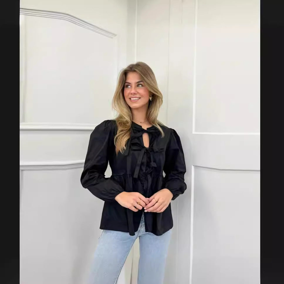 Damen elegante Bluse mit Rüschendetails und Bindeband EB