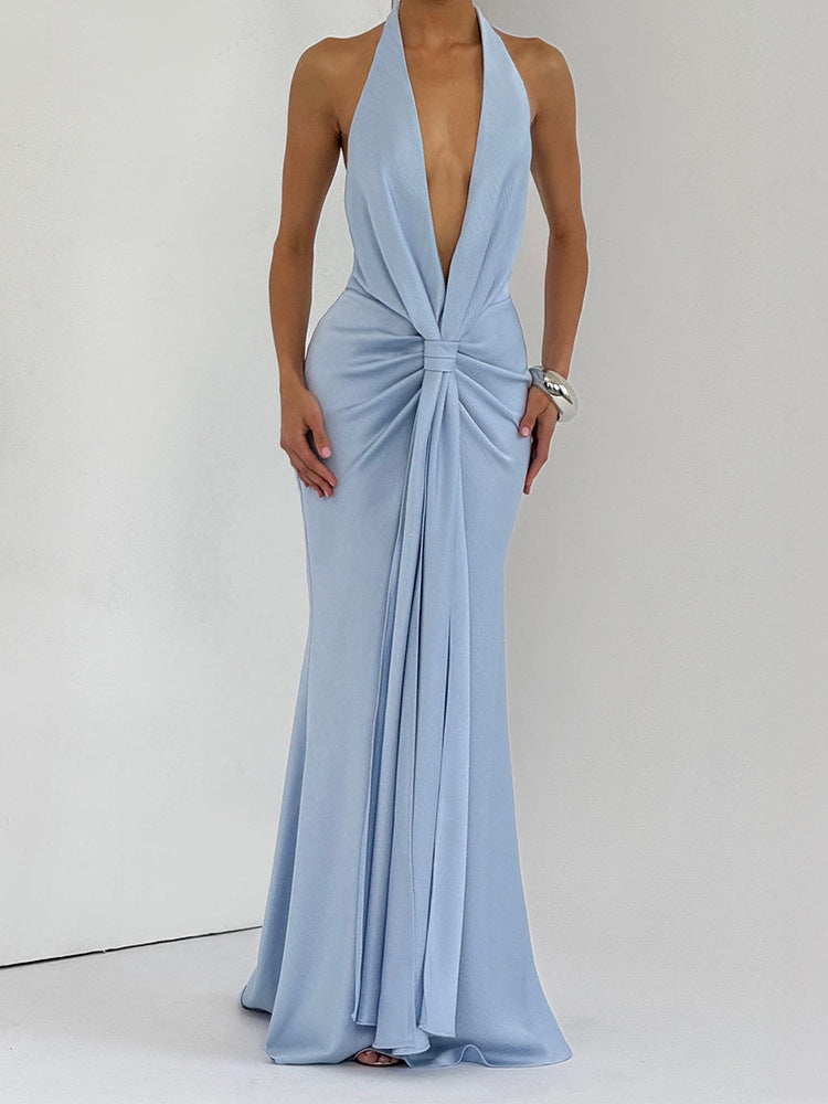 Damen Elegantes Maxi-Kleid mit tiefem V-Ausschnitt und drapierten Details EB