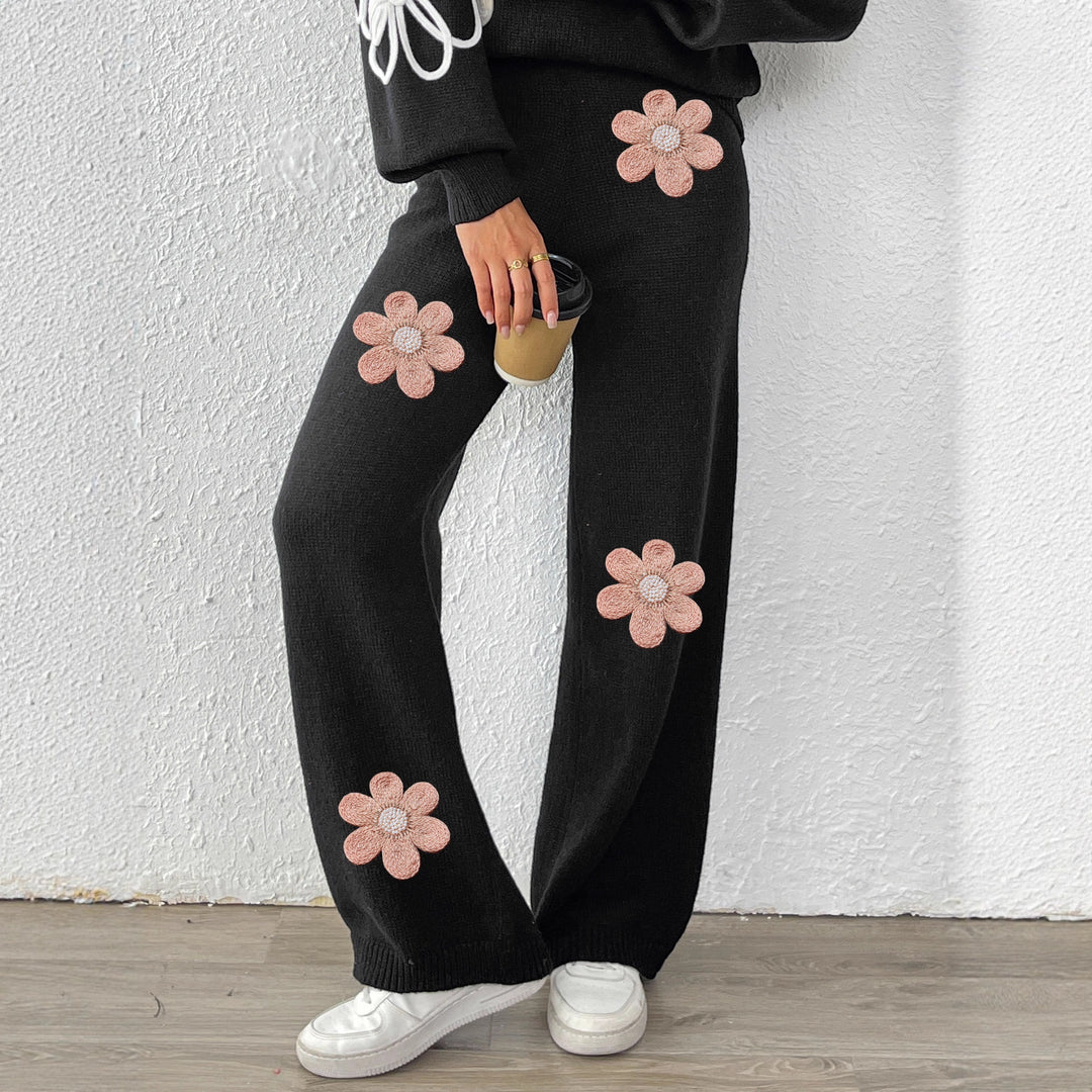 Damen lockere Strickhose mit floralen Applikationen EB
