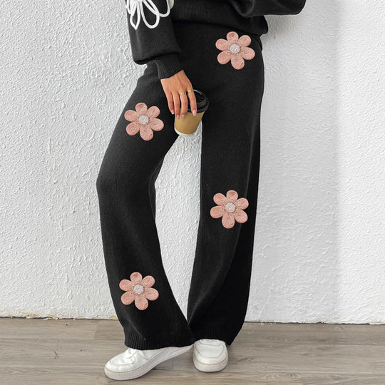 Damen lockere Strickhose mit floralen Applikationen EB