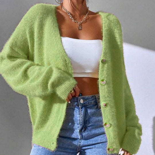 Damen Flauschiger Strick-Cardigan mit goldenen Knöpfen und lässigem Schnitt EB