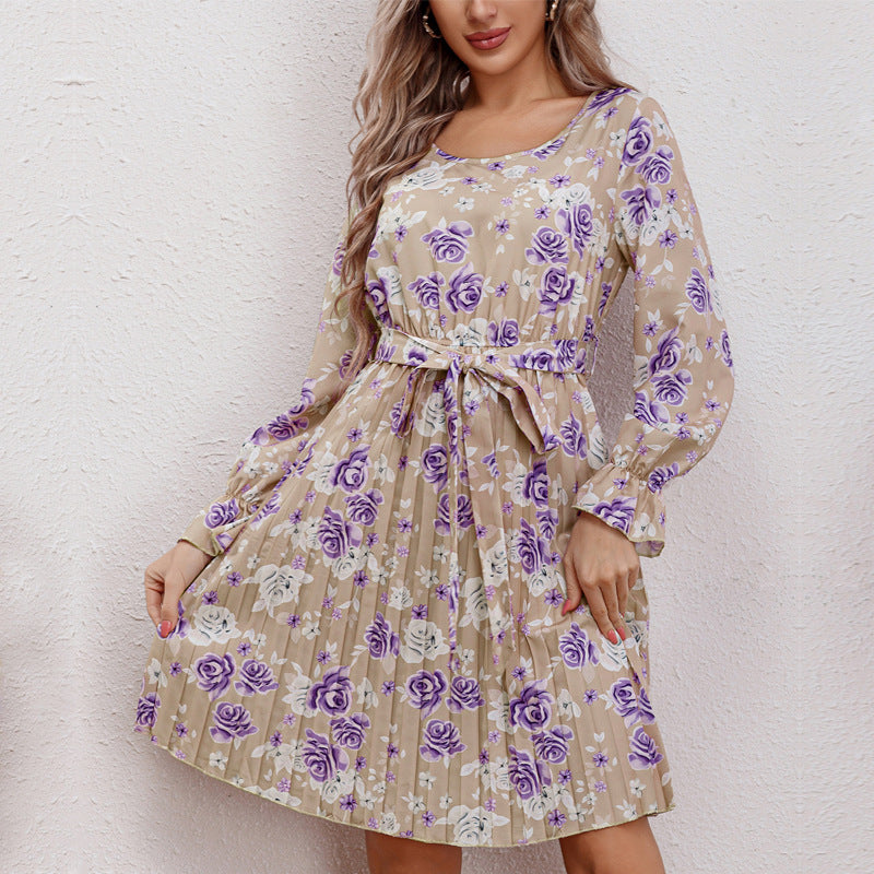 Damen Blusenkleid mit floralen Rüschendetails und Taillengürtel EB