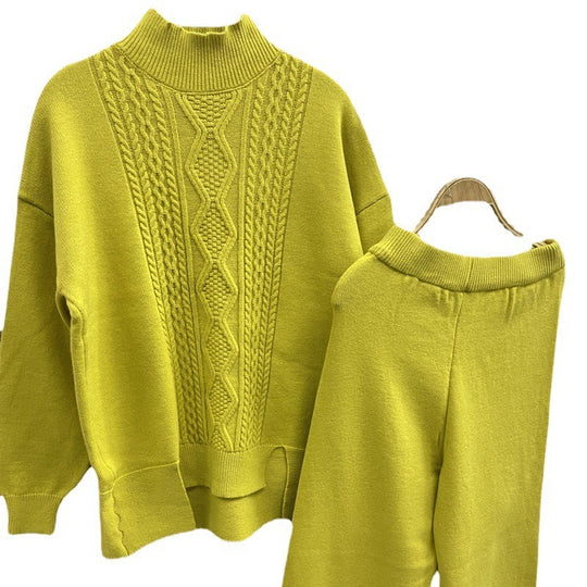 Damen eleganter Strickanzug mit hohem Kragen und farbenfrohem Muster EB