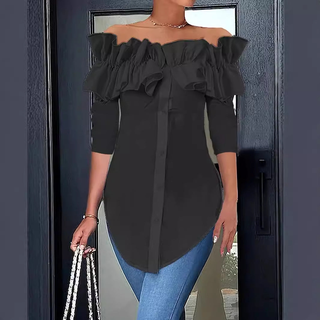 Damen Off-Shoulder Bluse mit Rüschen und Knopfleiste EB