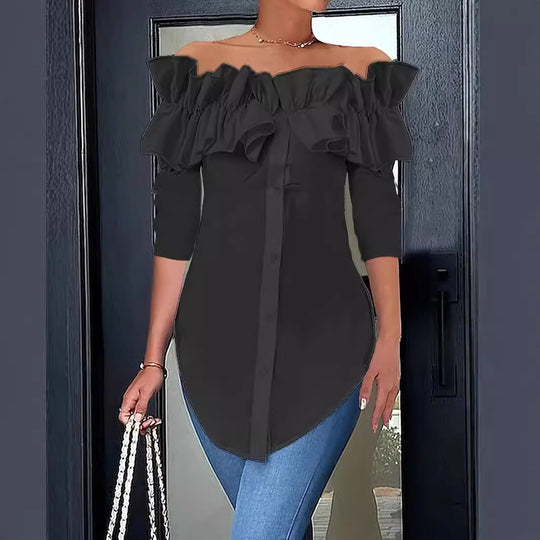 Damen Off-Shoulder Bluse mit Rüschen und Knopfleiste EB