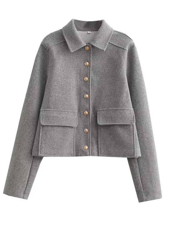 Damen modische Kurzjacke mit praktischen Taschen und goldenen Knöpfen EB