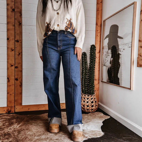 Damen weite High-Waist Jeans mit einzigartigen Kontrastnähten und lässigem Look EB