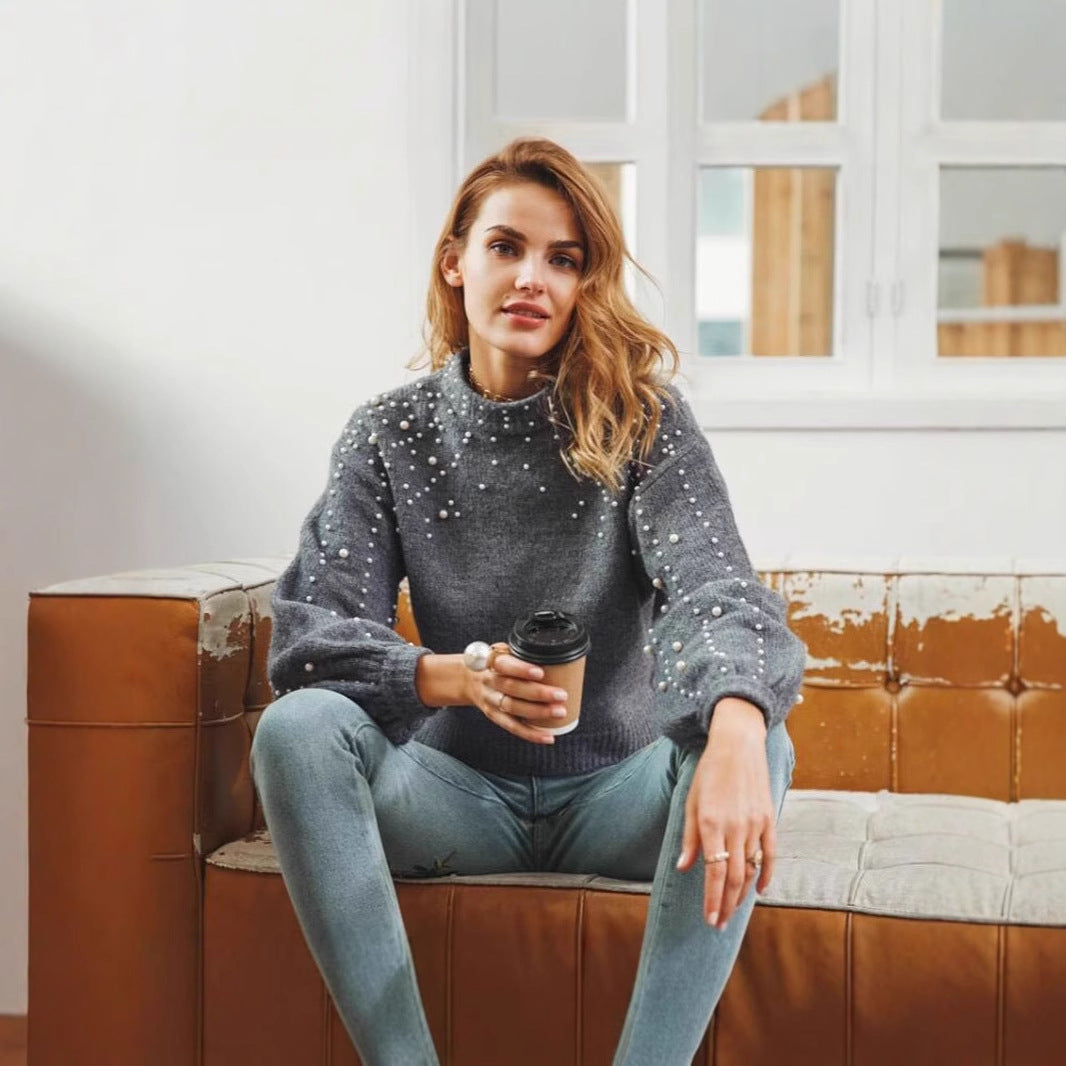 Damen modischer Pullover mit Perlendetails und ballonförmigen Ärmeln EB