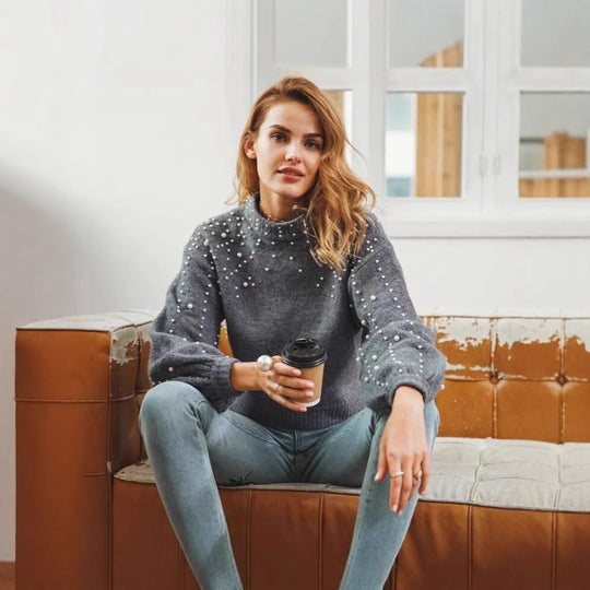 Damen modischer Pullover mit Perlendetails und ballonförmigen Ärmeln EB