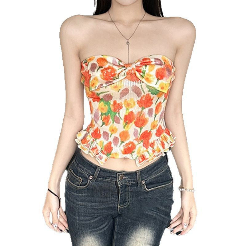 Damen Bustier-Top mit floralem Glitzerdesign und Rüschensaum EB
