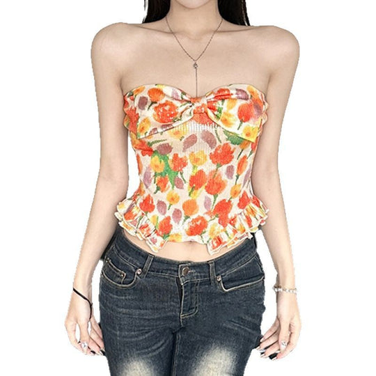 Damen Bustier-Top mit floralem Glitzerdesign und Rüschensaum EB