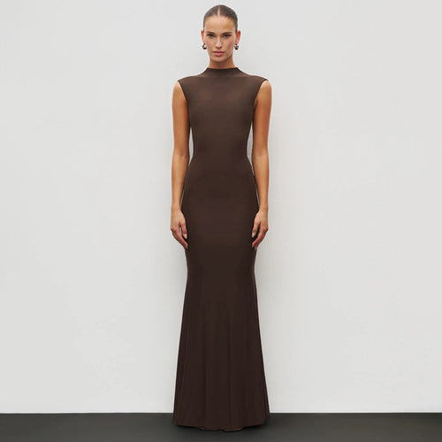 Damen Elegantes Schmalgeschossenes Maxikleid mit hohem Kragen EB