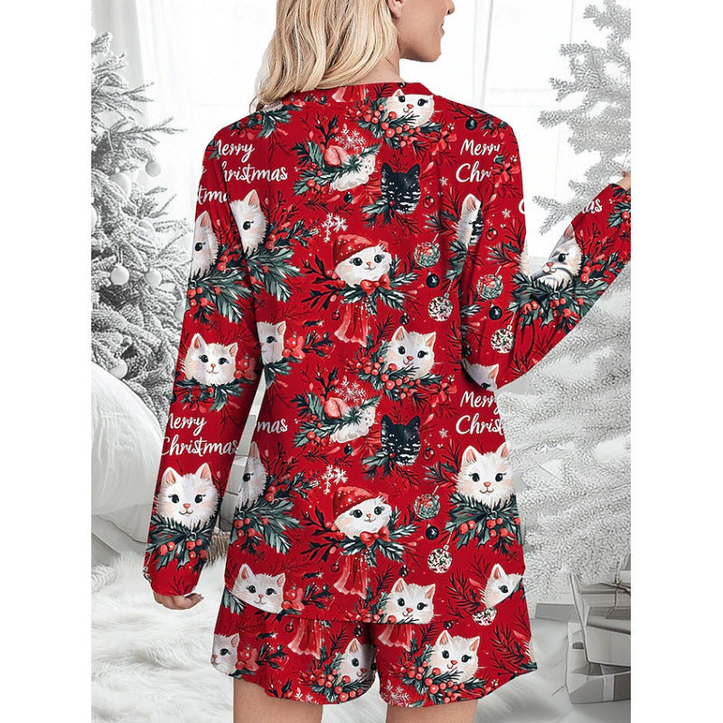 Damen Lustiges Weihnachts-Pyjama-Set mit Katzenmotiv EB