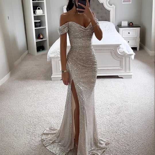 Damen Glamouröses Abendkleid mit schulterfreiem Schnitt und schimmerndem Stoff EB