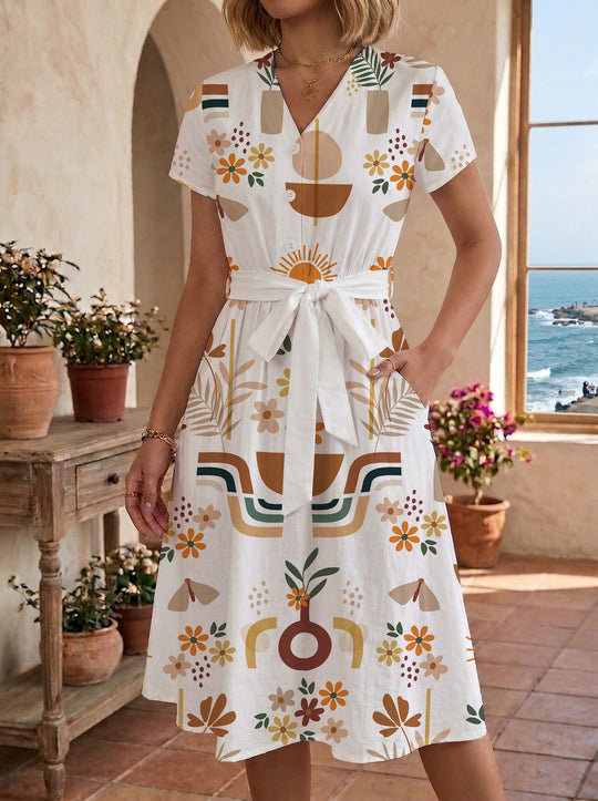 Damen Midikleid mit farbenfrohem Blumendesign und taillierbarem Bindegürtel EB