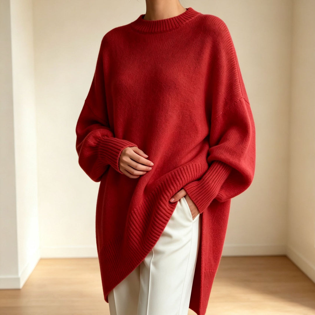 Damen Oversize Longline Feinstrick-Pullover mit Raglanärmeln und geripptem Saum EB