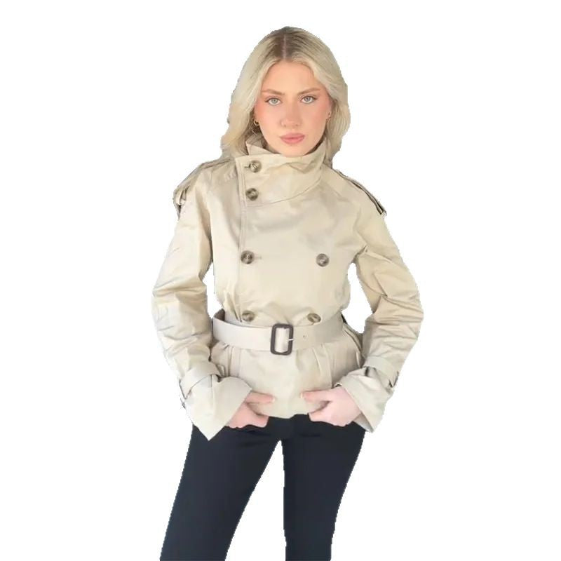 Damen Eleganter Kurz-Trenchcoat mit doppelter Knopfleiste und Taillengürtel EB