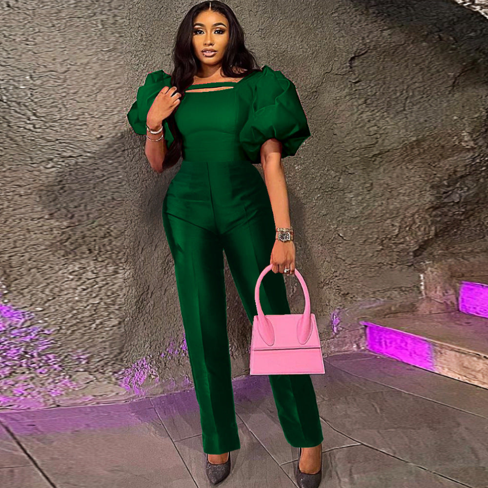 Damen Jumpsuit mit voluminösen Puffärmeln und tailliertem Design EB