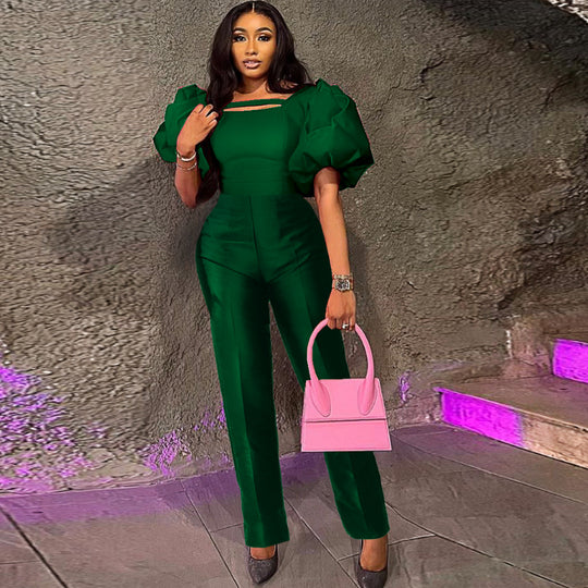 Damen Jumpsuit mit voluminösen Puffärmeln und tailliertem Design EB
