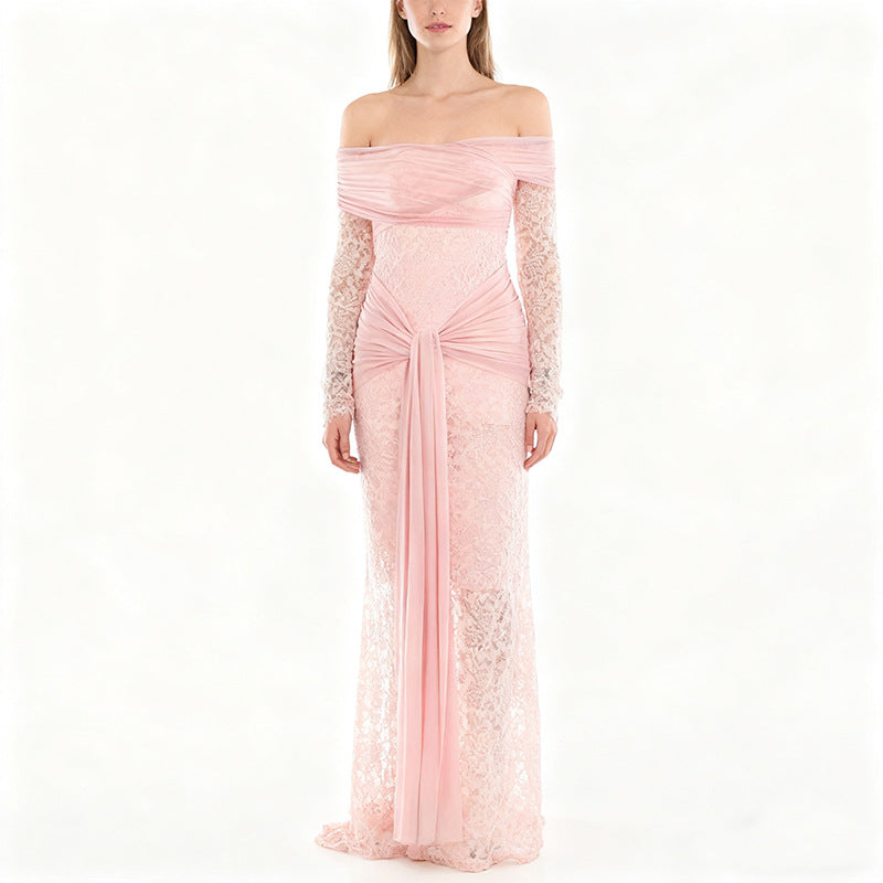 Damen Elegantes Spitzenkleid mit Off-Shoulder-Ausschnitt und Drapierungen EB