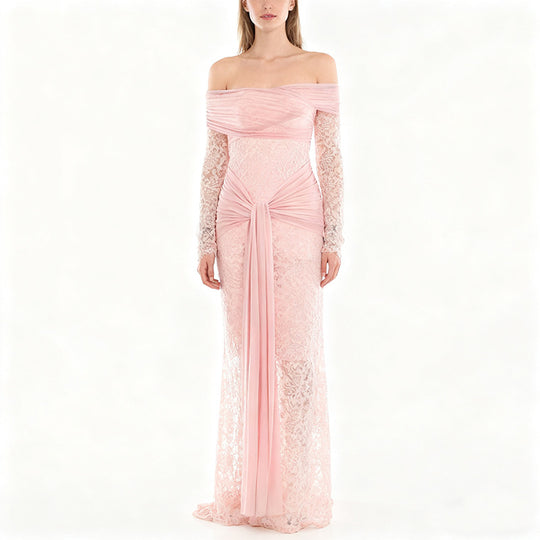 Damen Elegantes Spitzenkleid mit Off-Shoulder-Ausschnitt und Drapierungen EB