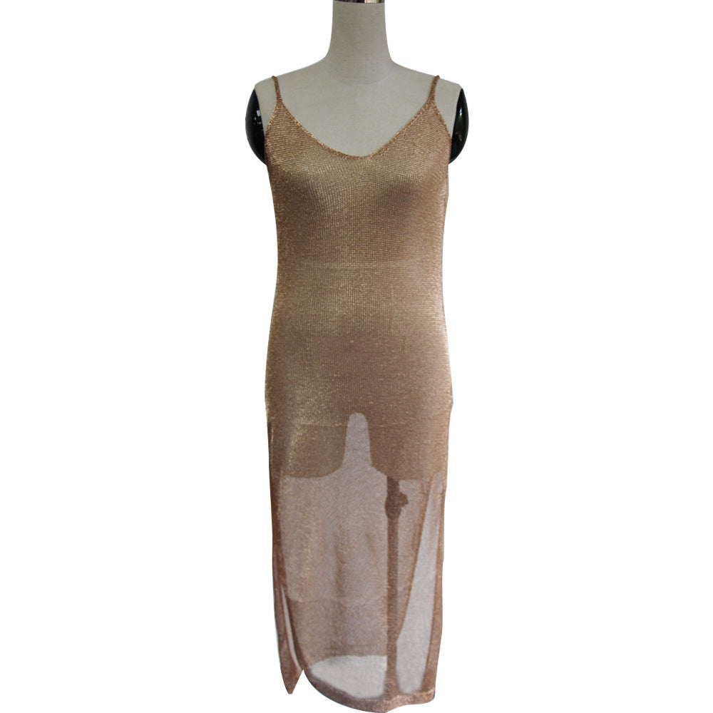 Damen elegantes Strickkleid mit transparentem Design und feinen Trägern EB