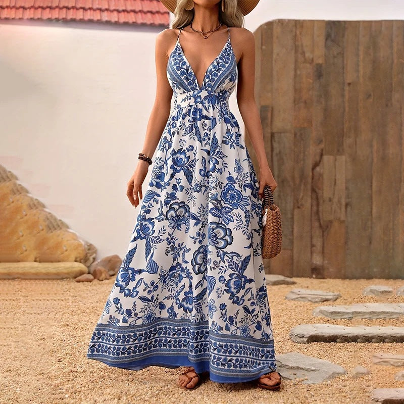 Damen Maxikleid mit tiefem V-Ausschnitt und floralen Mustern EB
