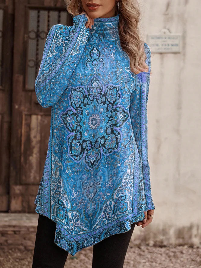 Damen Tunika mit floralem Design und hohem Kragen EB