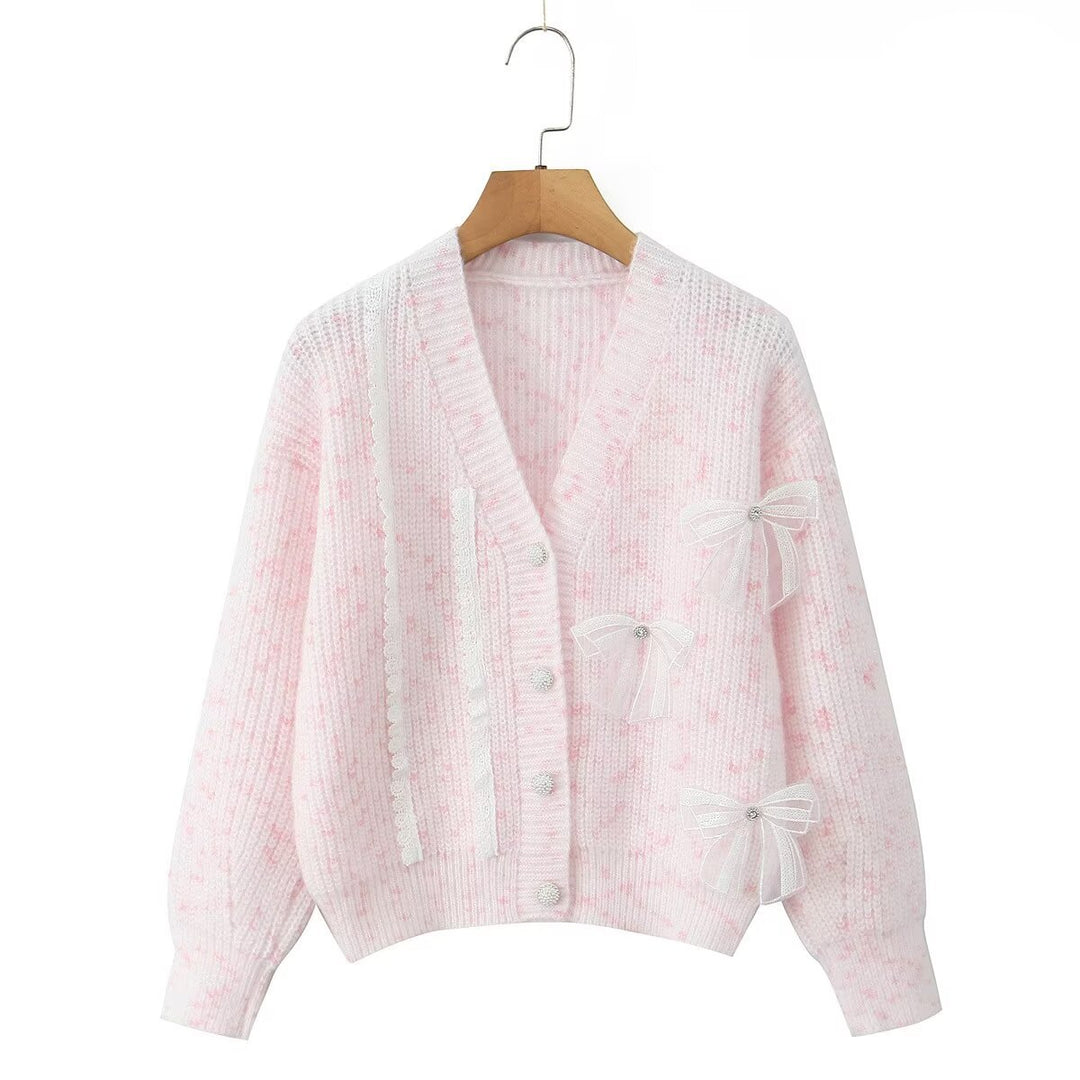 Damen Strickjacke mit dekorativen Schleifen und zartem Muster EB
