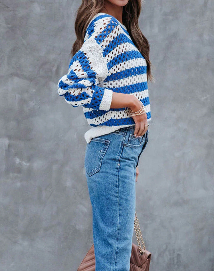 Damen luftiger Strickpullover mit großflächigem Lochmuster und Streifendesign EB