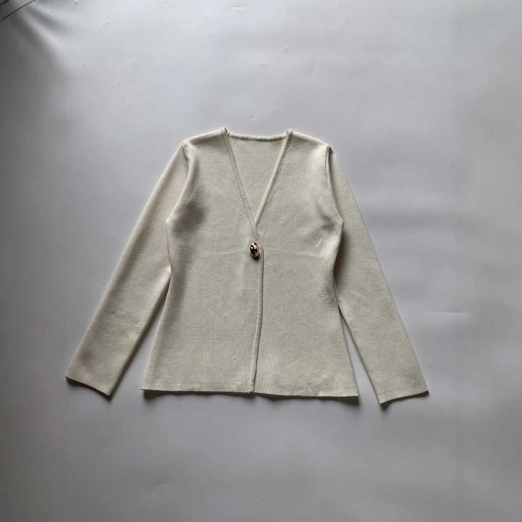 Damen lässiger V-Ausschnitt Cardigan mit dekorativem Knopf EB