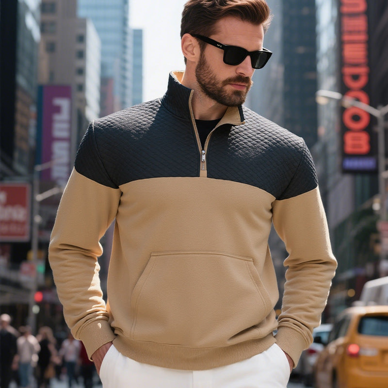 Herren Colorblock-Halbzip-Sweatshirt mit gesteppter Brustpartie, Kängurutasche und elastischen Bündchen EB