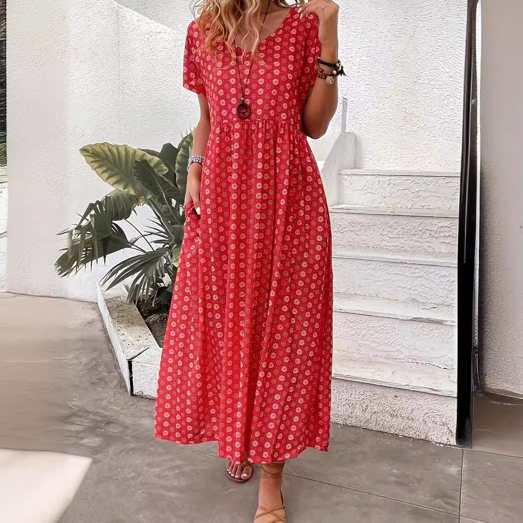 Damen Maxikleid mit handgearbeitetem Blumenmuster und praktischen Seitentaschen EB
