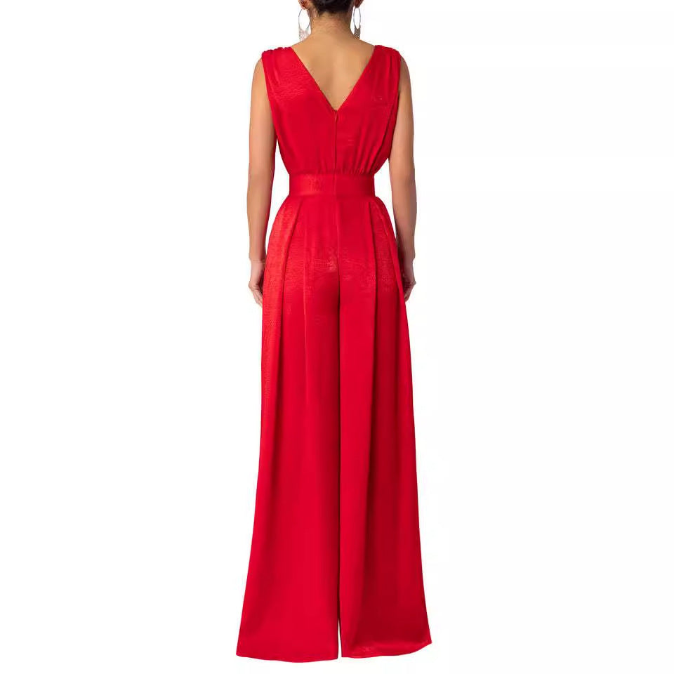 Damen Jumpsuit mit tiefem V-Ausschnitt und weit geschnittenem Bein EB
